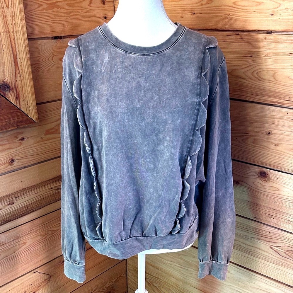 Eri + Ali Anthropologie Mineral Wash Ruffle Sweatshirt Grey XL BE12504